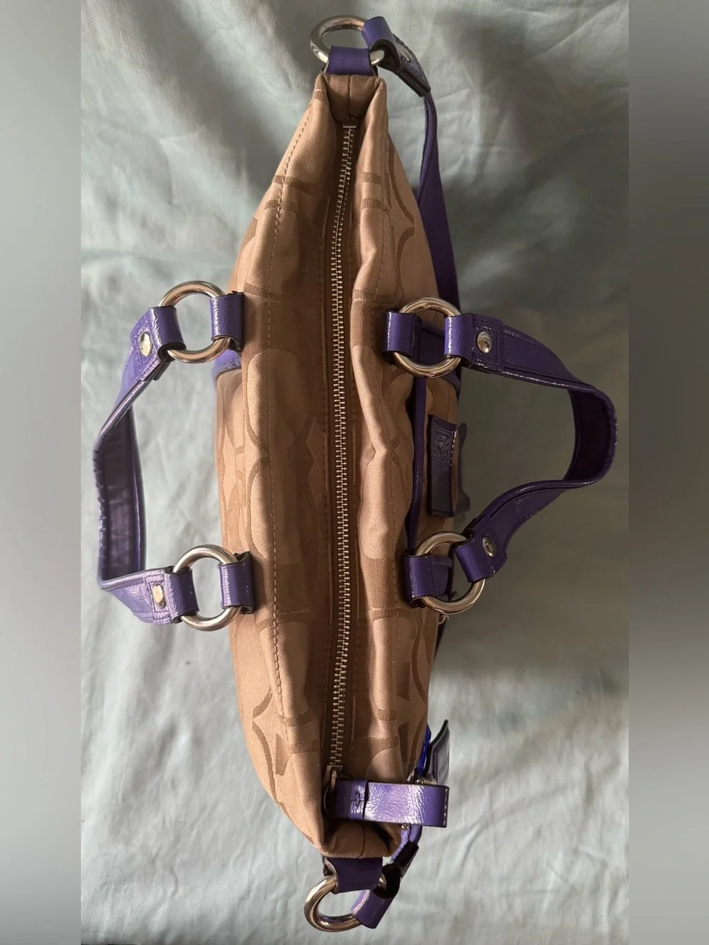 Coach F20101 Poppy Khaki and Purple Signature C Jacquard Canvas Satchel/Tote